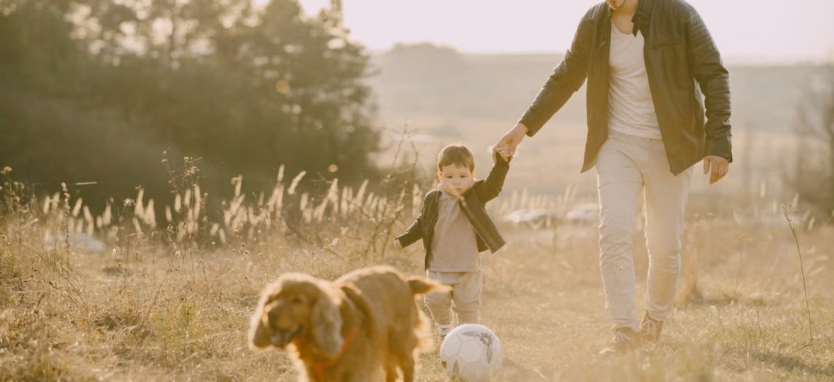 A father and child enjoy a playful outdoor moment with their dog in a grassy field.
